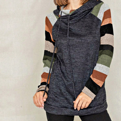 Women's Stylish Long Sleeve Knitted Fabric Top With Plaid Contrast Panel And Drawstring Detail Casual Regular Length Blouse