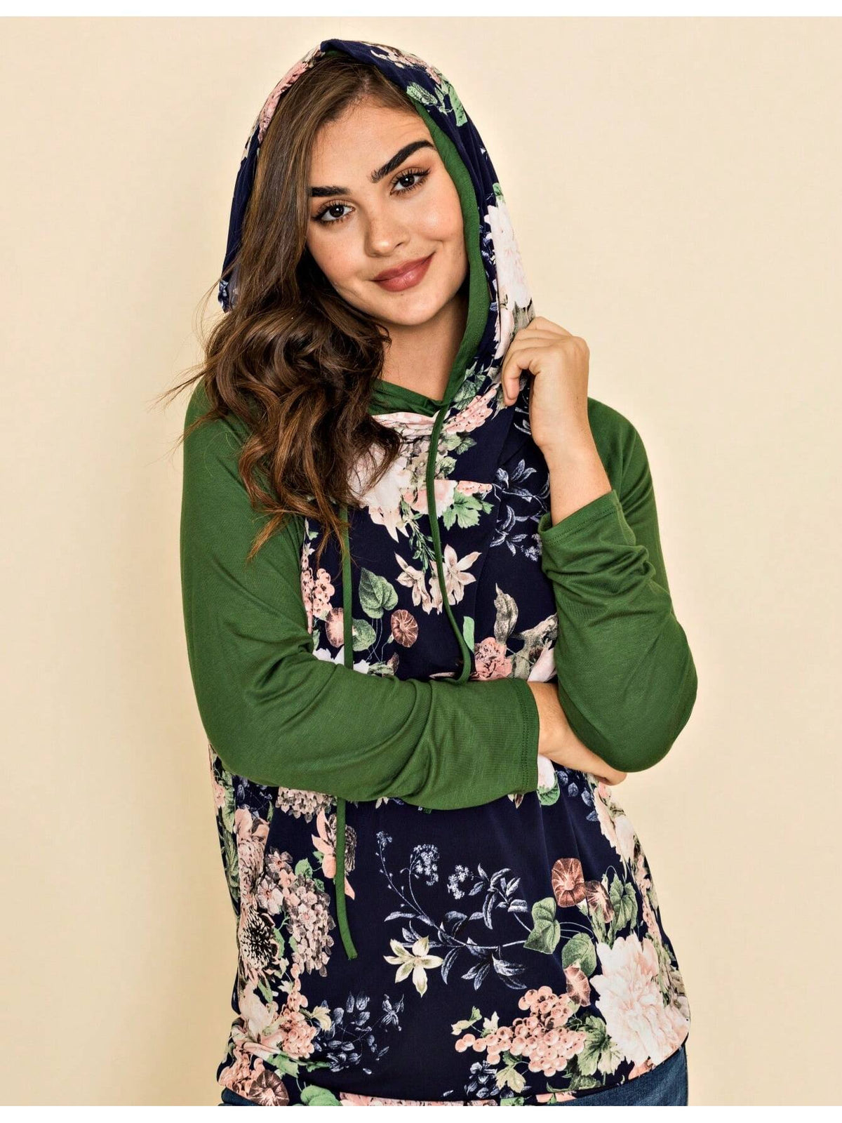 Women's Stylish Long Sleeve Knitted Fabric Top With Plaid Contrast Panel And Drawstring Detail Casual Regular Length Blouse