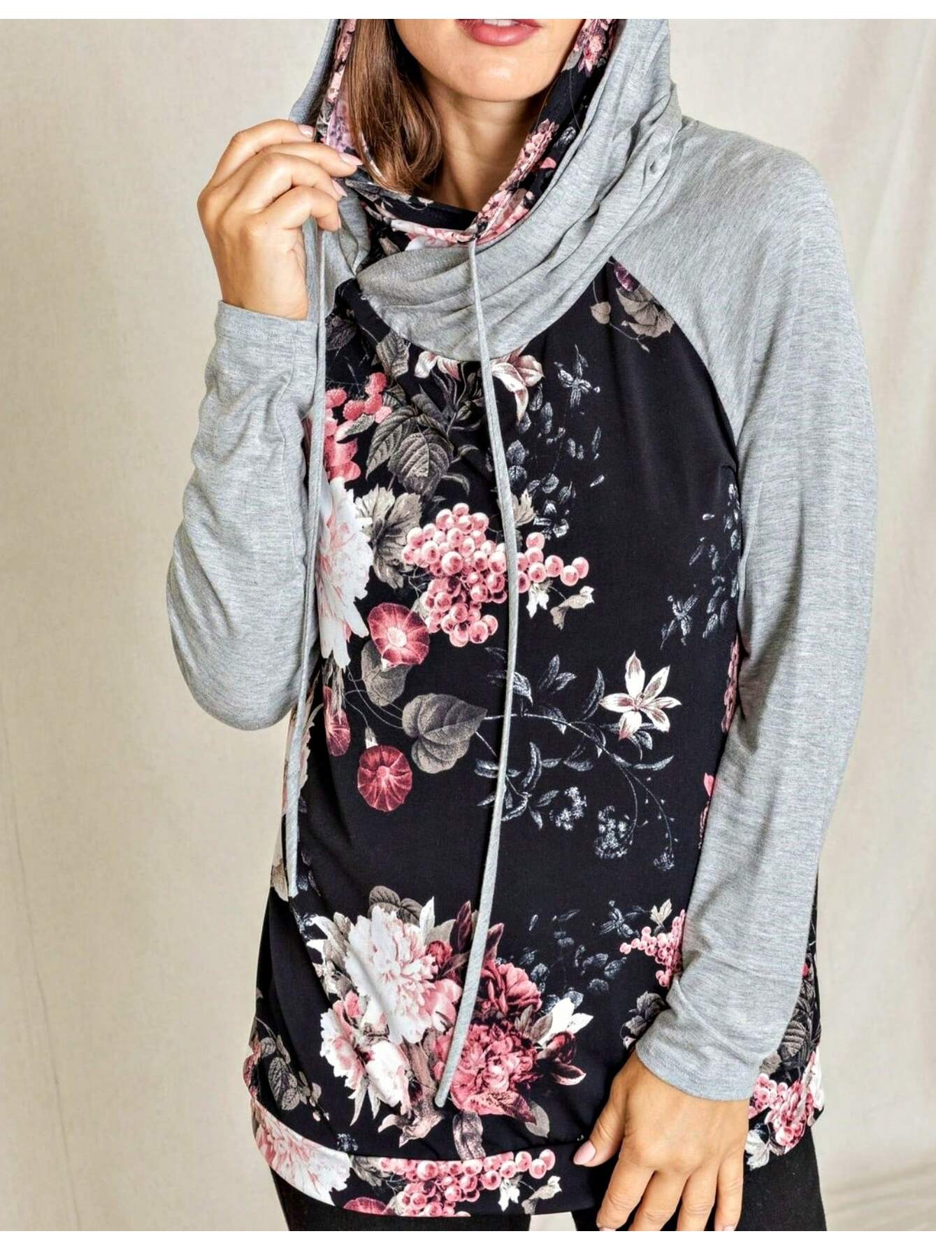 Women's Stylish Long Sleeve Knitted Fabric Top With Plaid Contrast Panel And Drawstring Detail Casual Regular Length Blouse