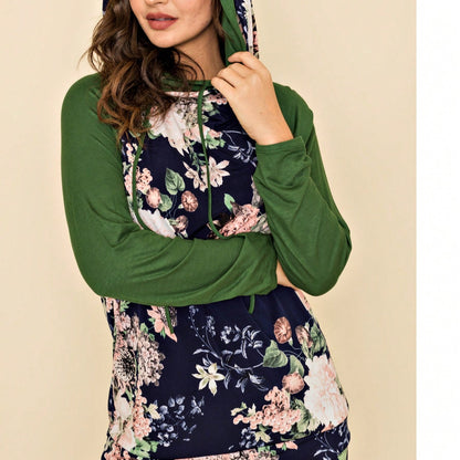 Women's Stylish Long Sleeve Knitted Fabric Top With Plaid Contrast Panel And Drawstring Detail Casual Regular Length Blouse