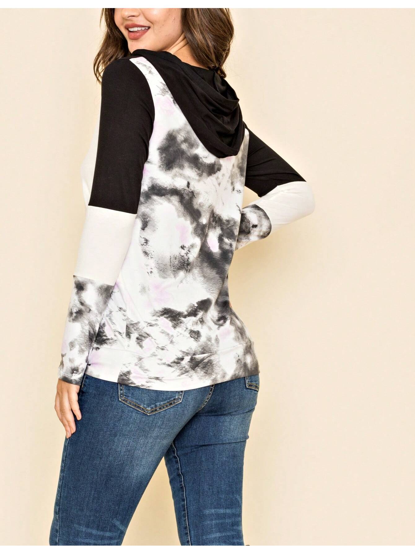 Women's Stylish Long Sleeve Knitted Fabric Top With Plaid Contrast Panel And Drawstring Detail Casual Regular Length Blouse