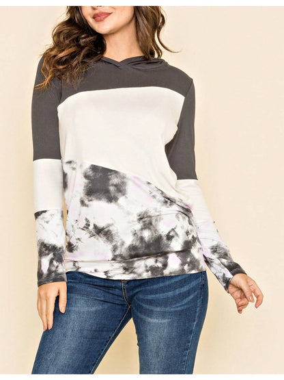 Women's Stylish Long Sleeve Knitted Fabric Top With Plaid Contrast Panel And Drawstring Detail Casual Regular Length Blouse