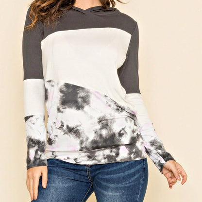 Women's Stylish Long Sleeve Knitted Fabric Top With Plaid Contrast Panel And Drawstring Detail Casual Regular Length Blouse