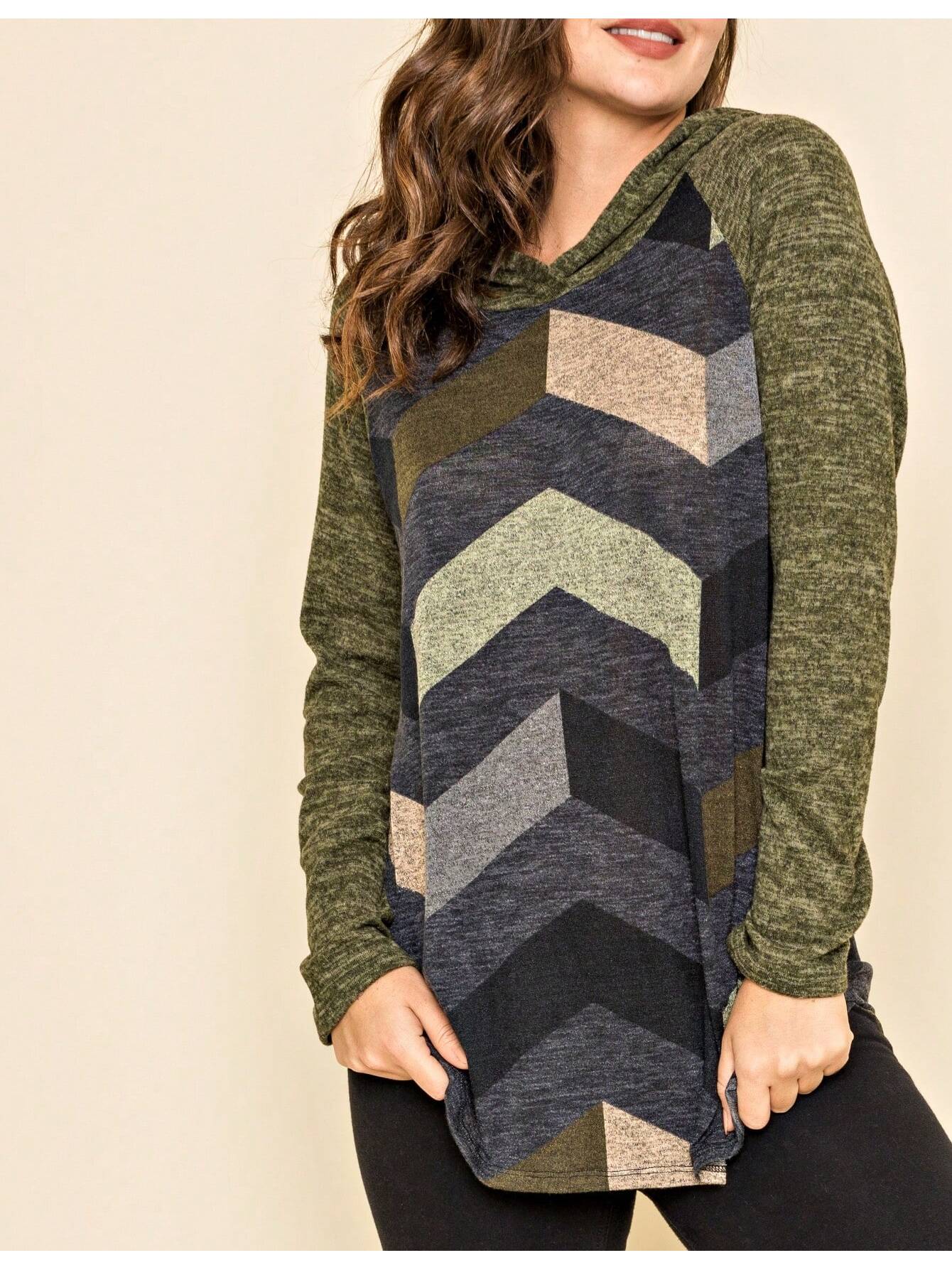Women's Stylish Long Sleeve Knitted Fabric Top With Plaid Contrast Panel And Drawstring Detail Casual Regular Length Blouse
