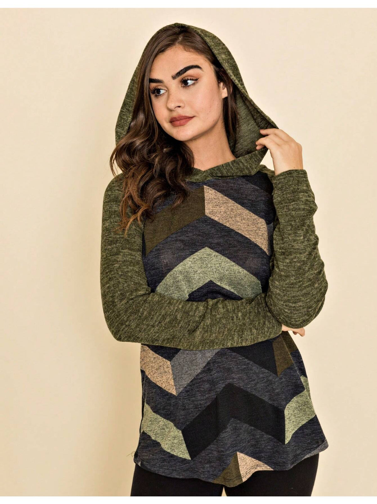 Women's Stylish Long Sleeve Knitted Fabric Top With Plaid Contrast Panel And Drawstring Detail Casual Regular Length Blouse