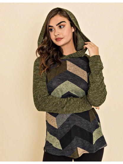 Women's Stylish Long Sleeve Knitted Fabric Top With Plaid Contrast Panel And Drawstring Detail Casual Regular Length Blouse