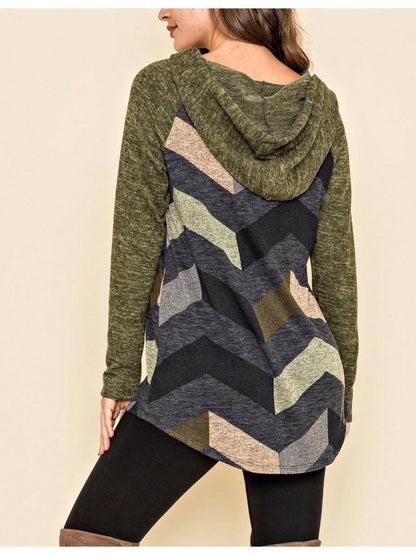Women's Stylish Long Sleeve Knitted Fabric Top With Plaid Contrast Panel And Drawstring Detail Casual Regular Length Blouse