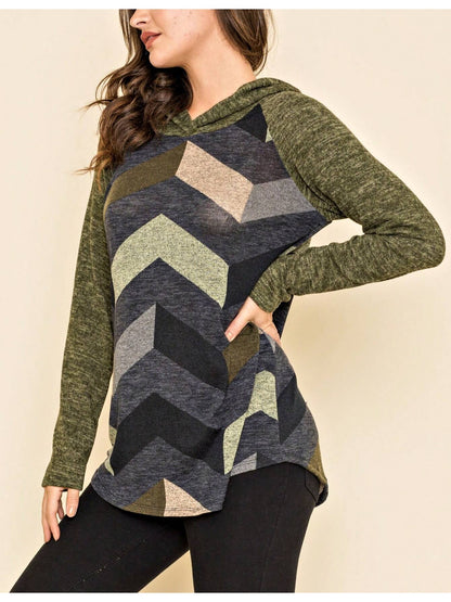 Women's Stylish Long Sleeve Knitted Fabric Top With Plaid Contrast Panel And Drawstring Detail Casual Regular Length Blouse