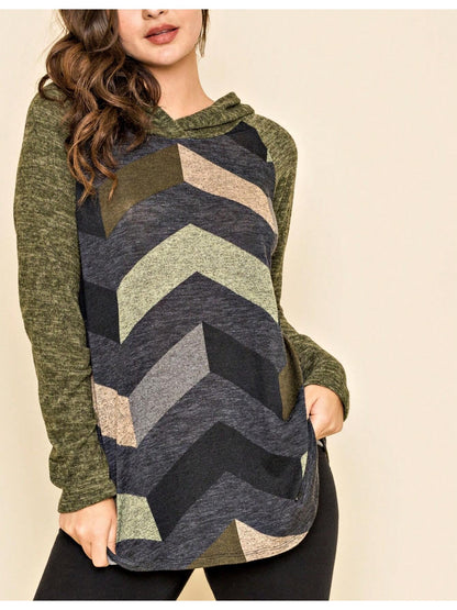 Women's Stylish Long Sleeve Knitted Fabric Top With Plaid Contrast Panel And Drawstring Detail Casual Regular Length Blouse