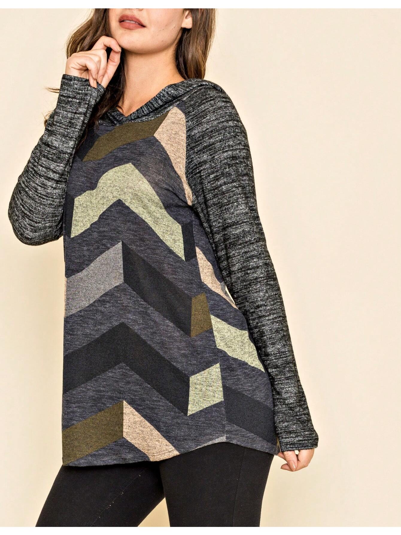 Women's Stylish Long Sleeve Knitted Fabric Top With Plaid Contrast Panel And Drawstring Detail Casual Regular Length Blouse