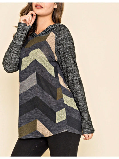 Women's Stylish Long Sleeve Knitted Fabric Top With Plaid Contrast Panel And Drawstring Detail Casual Regular Length Blouse