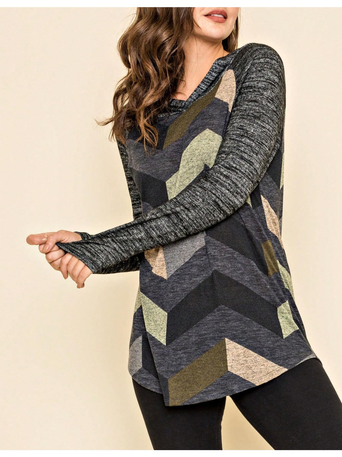 Women's Stylish Long Sleeve Knitted Fabric Top With Plaid Contrast Panel And Drawstring Detail Casual Regular Length Blouse