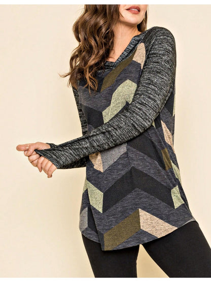 Women's Stylish Long Sleeve Knitted Fabric Top With Plaid Contrast Panel And Drawstring Detail Casual Regular Length Blouse