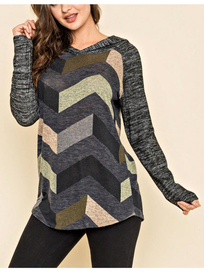 Women's Stylish Long Sleeve Knitted Fabric Top With Plaid Contrast Panel And Drawstring Detail Casual Regular Length Blouse