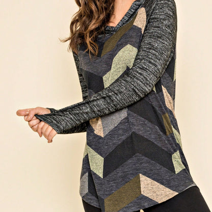 Women's Stylish Long Sleeve Knitted Fabric Top With Plaid Contrast Panel And Drawstring Detail Casual Regular Length Blouse