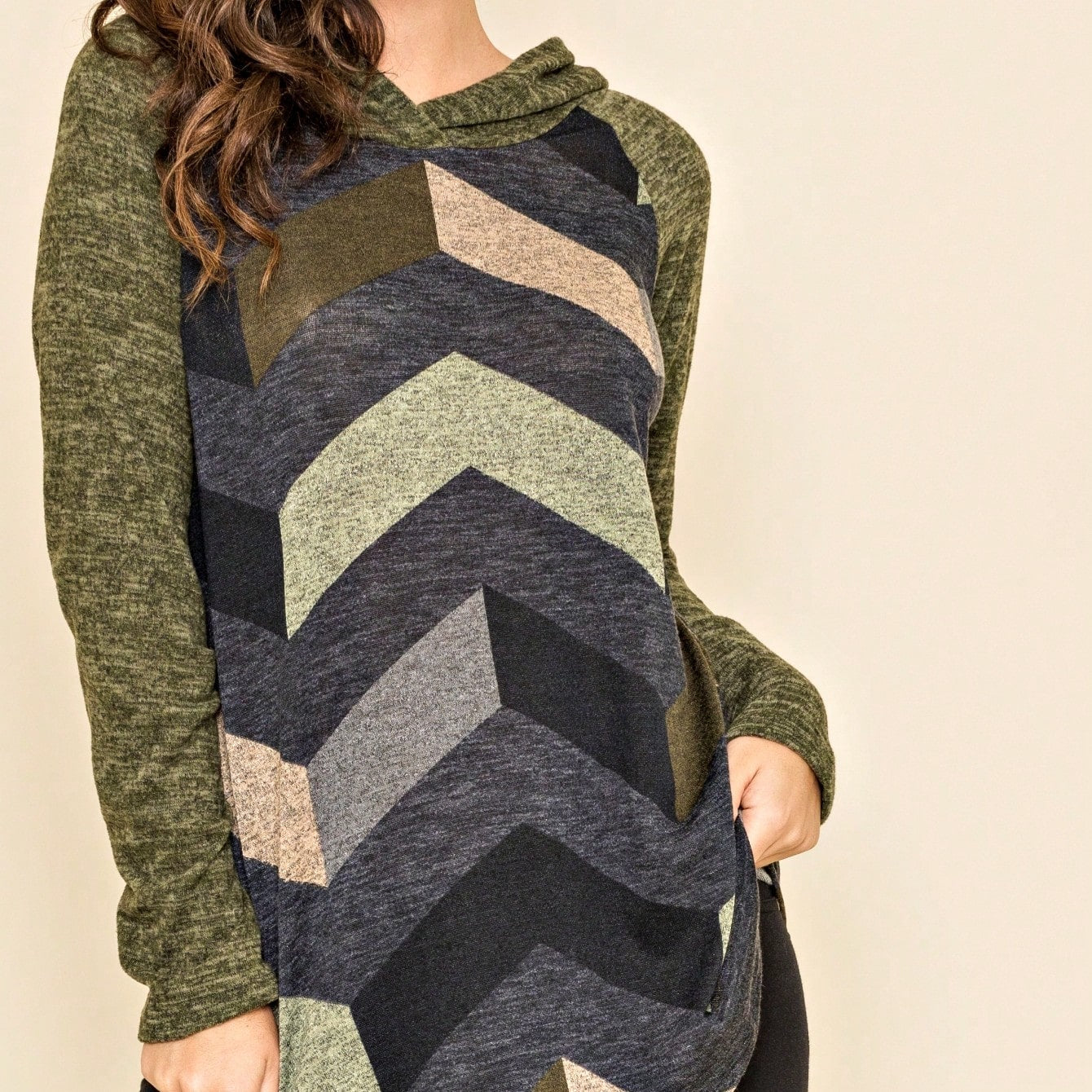 Women's Stylish Long Sleeve Knitted Fabric Top With Plaid Contrast Panel And Drawstring Detail Casual Regular Length Blouse