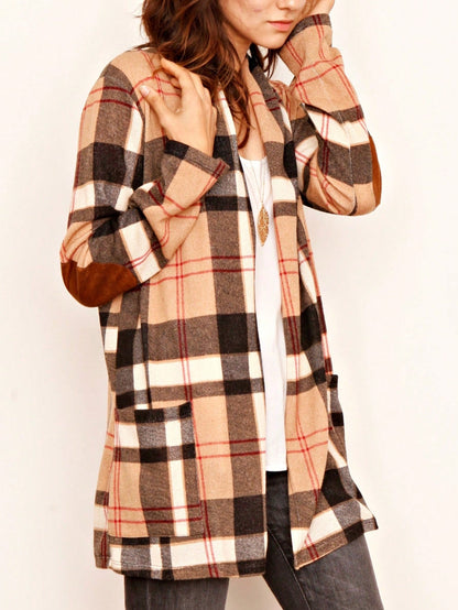 Boho Vintage Plaid Yellow Red Long Sleeve Cardigan With Pockets