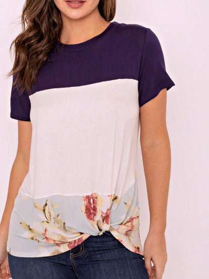 Boho Retro Knot Twisted Front Floral Stripe Knit  Top Blouse Shirt Pullover With Front Pocket