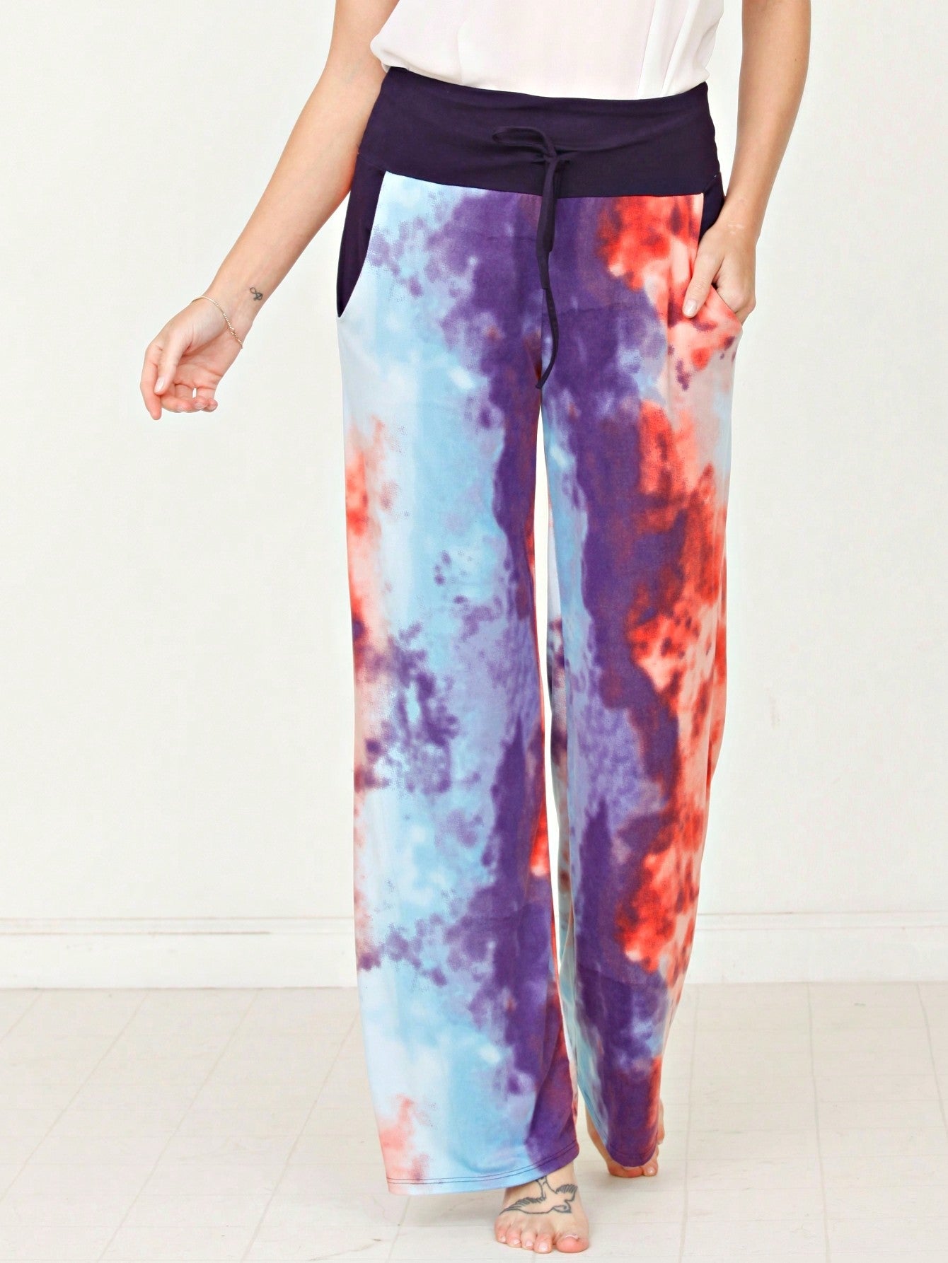 Floral Drawstring Fold Over Band Wide Leg Lounge Pants