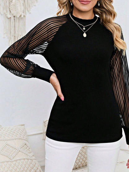 Boho Retro 90's Textured Mesh Color Block Floral Sleeve Drop Raglan Round Mock Neck  Layering Shoulder Mesh Lace Half And Long Sleeve Ivory Cream Navy Red Crew Neck Top Shirt Blouse