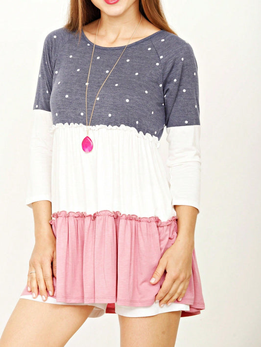Navy Black Polka Dot Ditsy Floral Tiered Color Block Tunic For Leggings Shorts And Jeans  | 7 Colors | S-3X