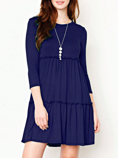 Boho Vacation Retro  Tiered Long Dress Navy Burgundy Black Khaki Ruffle Flutter Sleeve