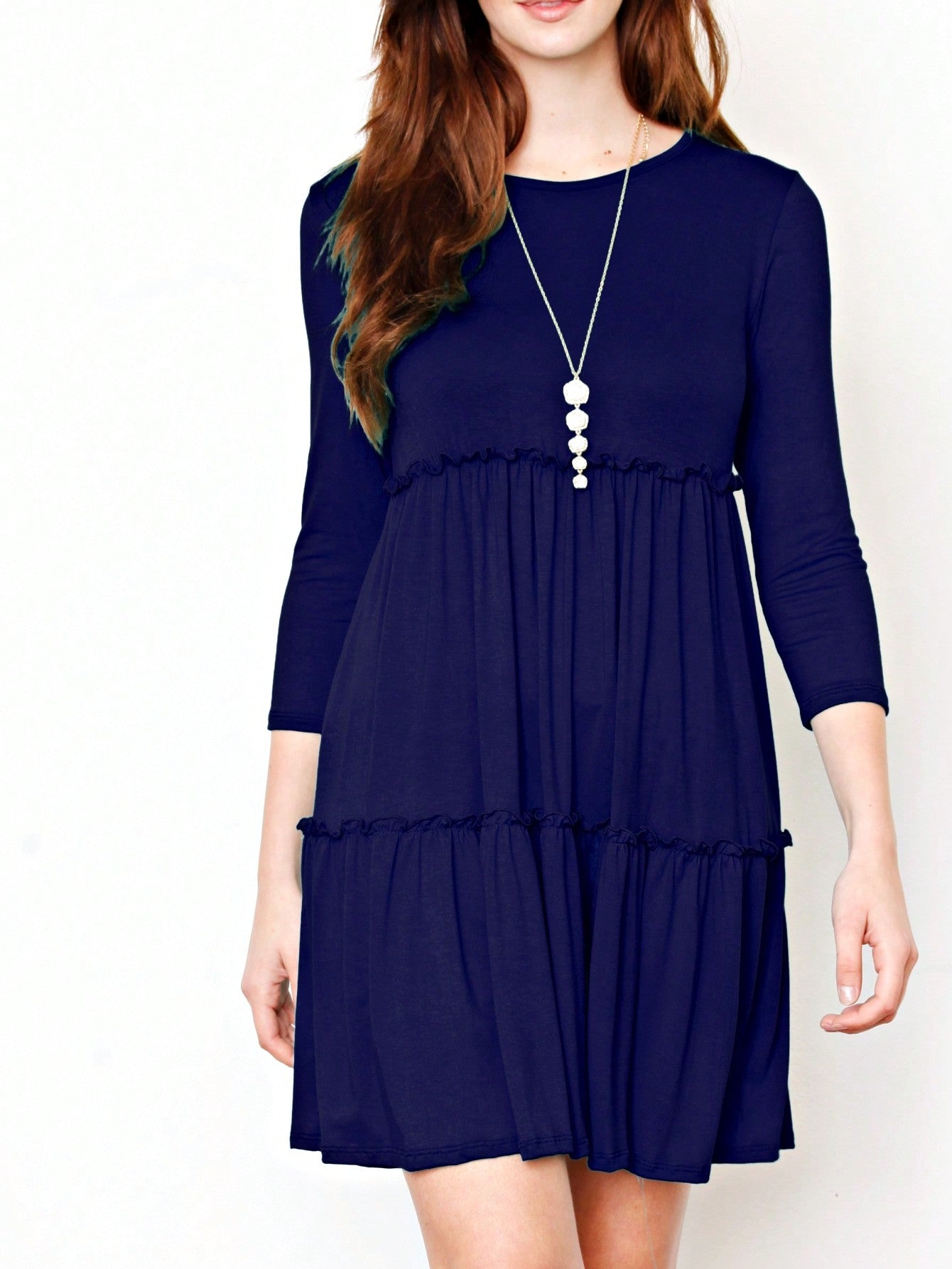 Boho Vacation Retro  Tiered Long Dress Navy Burgundy Black Khaki Ruffle Flutter Sleeve