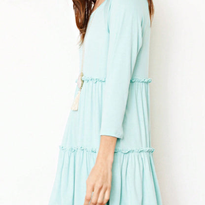 Boho Vacation Retro  Tiered Long Dress Navy Burgundy Black Khaki Ruffle Flutter Sleeve