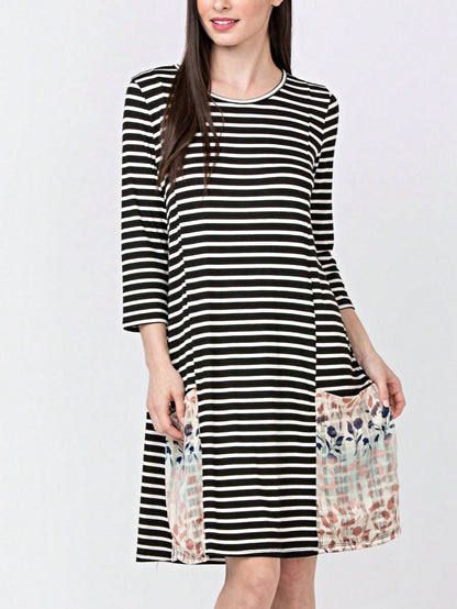 Boho Retro Black Navy Contrast Floral Aline Mini Dress