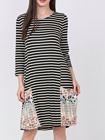Boho Retro Black Navy Contrast Floral Aline Mini Dress