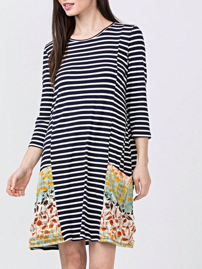 Boho Retro Black Navy Contrast Floral Aline Mini Dress