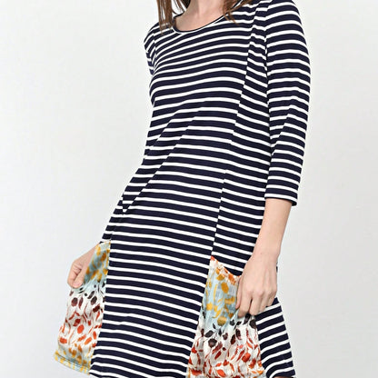 Boho Retro Black Navy Contrast Floral Aline Mini Dress