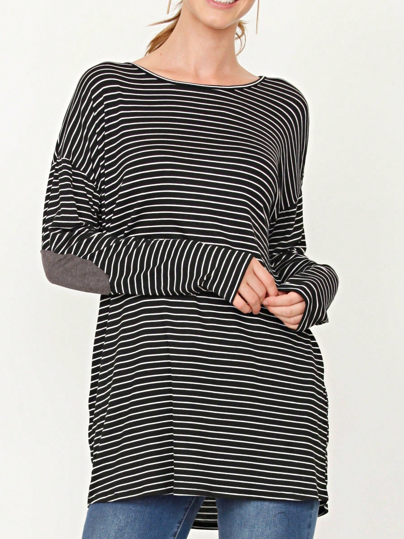 Boho Retro 60's Vintage Tulip Petal Hem Contrast Binding Brushed Soft Stripe Raglan Sleeve Tunic Top