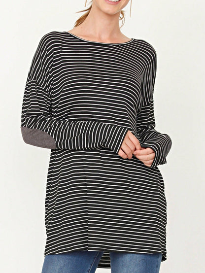Boho Retro 60's Vintage Tulip Petal Hem Contrast Binding Brushed Soft Stripe Raglan Sleeve Tunic Top