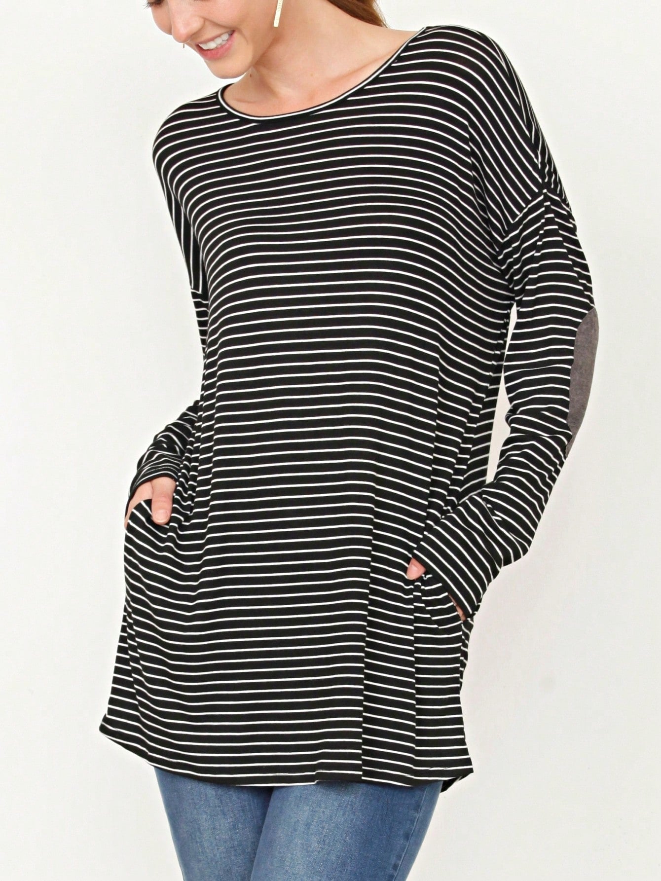Boho Retro 60's Vintage Tulip Petal Hem Contrast Binding Brushed Soft Stripe Raglan Sleeve Tunic Top