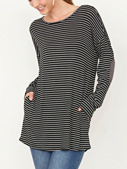 Boho Retro 60's Vintage Tulip Petal Hem Contrast Binding Brushed Soft Stripe Raglan Sleeve Tunic Top