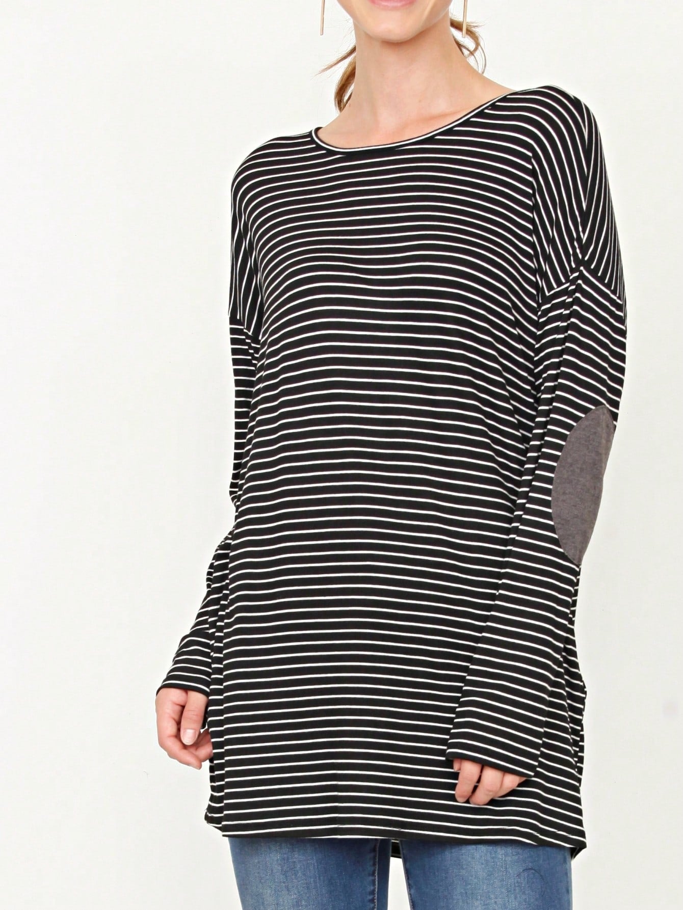 Boho Retro 60's Vintage Tulip Petal Hem Contrast Binding Brushed Soft Stripe Raglan Sleeve Tunic Top