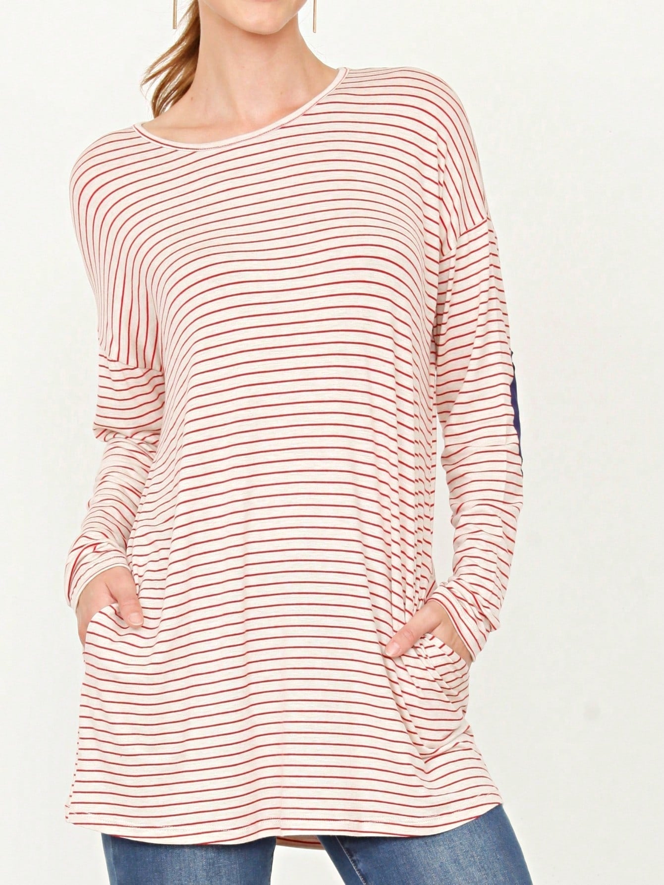Boho Retro 60's Vintage Tulip Petal Hem Contrast Binding Brushed Soft Stripe Raglan Sleeve Tunic Top