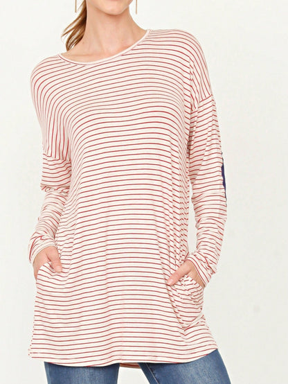 Boho Retro 60's Vintage Tulip Petal Hem Contrast Binding Brushed Soft Stripe Raglan Sleeve Tunic Top