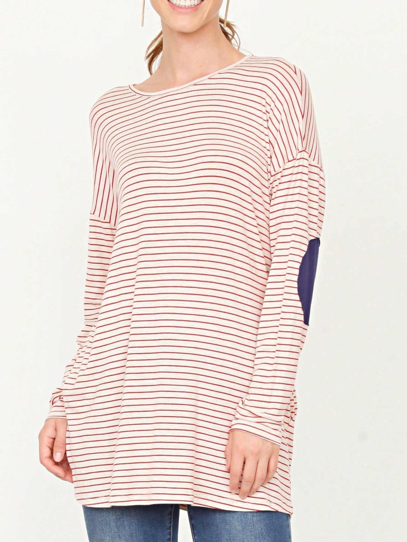 Boho Retro 60's Vintage Tulip Petal Hem Contrast Binding Brushed Soft Stripe Raglan Sleeve Tunic Top