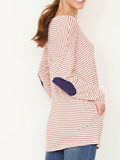 Boho Retro 60's Vintage Tulip Petal Hem Contrast Binding Brushed Soft Stripe Raglan Sleeve Tunic Top