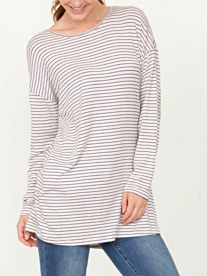 Boho Retro 60's Vintage Tulip Petal Hem Contrast Binding Brushed Soft Stripe Raglan Sleeve Tunic Top