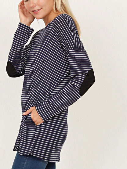 Boho Retro 60's Vintage Tulip Petal Hem Contrast Binding Brushed Soft Stripe Raglan Sleeve Tunic Top