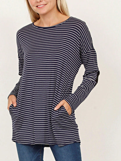 Boho Retro 60's Vintage Tulip Petal Hem Contrast Binding Brushed Soft Stripe Raglan Sleeve Tunic Top