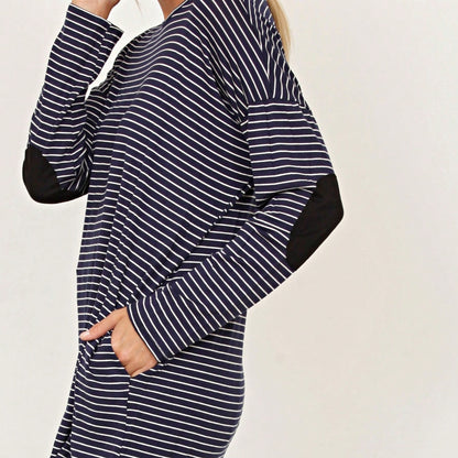Boho Retro 60's Vintage Tulip Petal Hem Contrast Binding Brushed Soft Stripe Raglan Sleeve Tunic Top