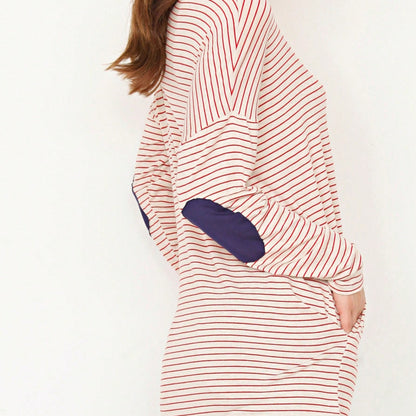 Boho Retro 60's Vintage Tulip Petal Hem Contrast Binding Brushed Soft Stripe Raglan Sleeve Tunic Top