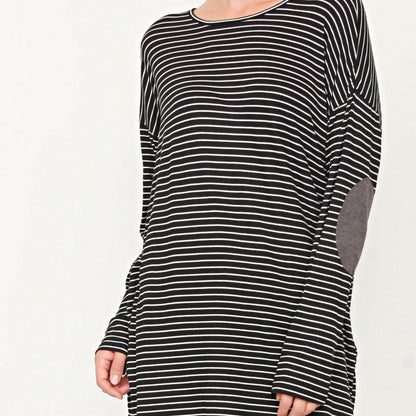 Boho Retro 60's Vintage Tulip Petal Hem Contrast Binding Brushed Soft Stripe Raglan Sleeve Tunic Top