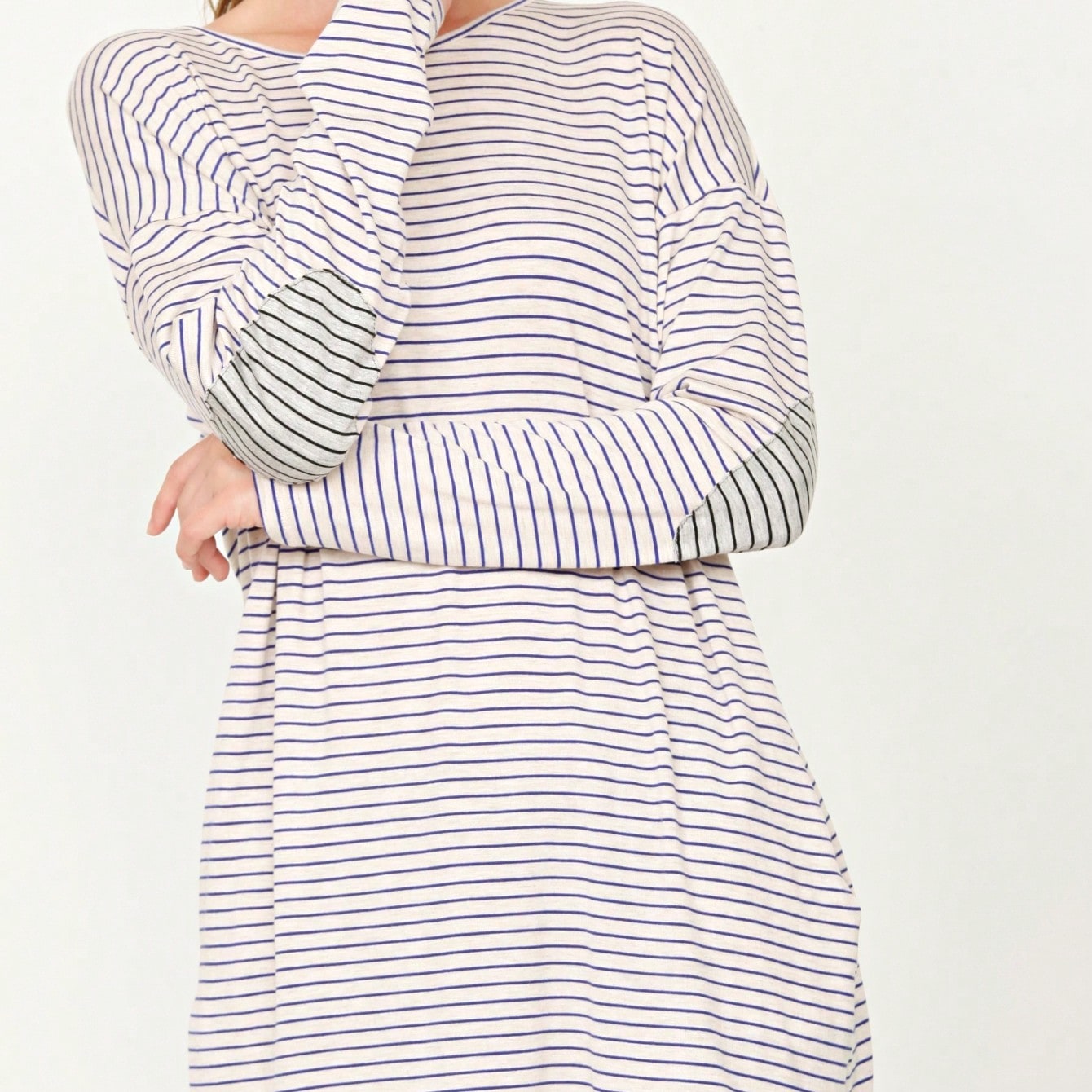 Boho Retro 60's Vintage Tulip Petal Hem Contrast Binding Brushed Soft Stripe Raglan Sleeve Tunic Top
