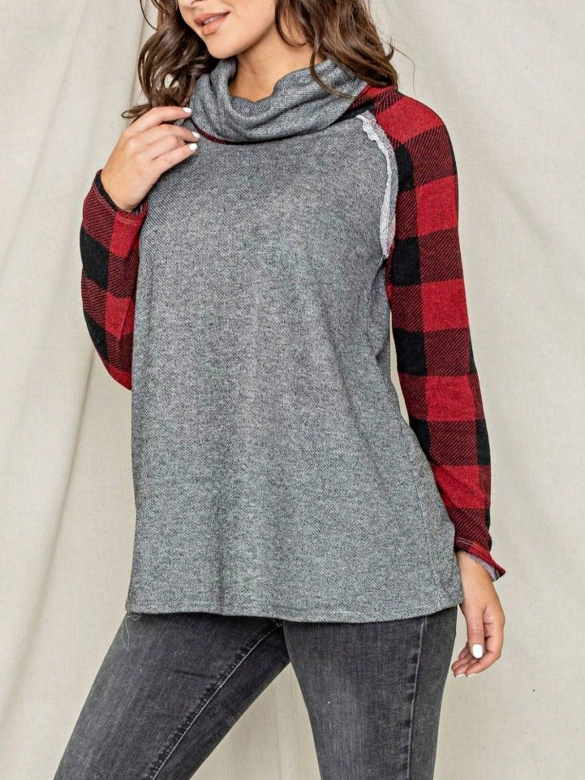 Women's Stylish Long Sleeve Knitted Fabric Top With Plaid Contrast Panel And Drawstring Detail Casual Regular Length Blouse