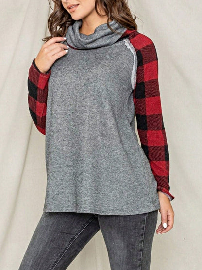 Women's Stylish Long Sleeve Knitted Fabric Top With Plaid Contrast Panel And Drawstring Detail Casual Regular Length Blouse